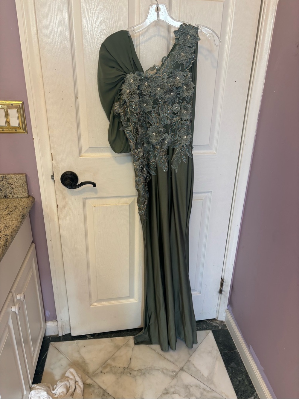 Embroidered One-Shoulder Olive Evening Gown
